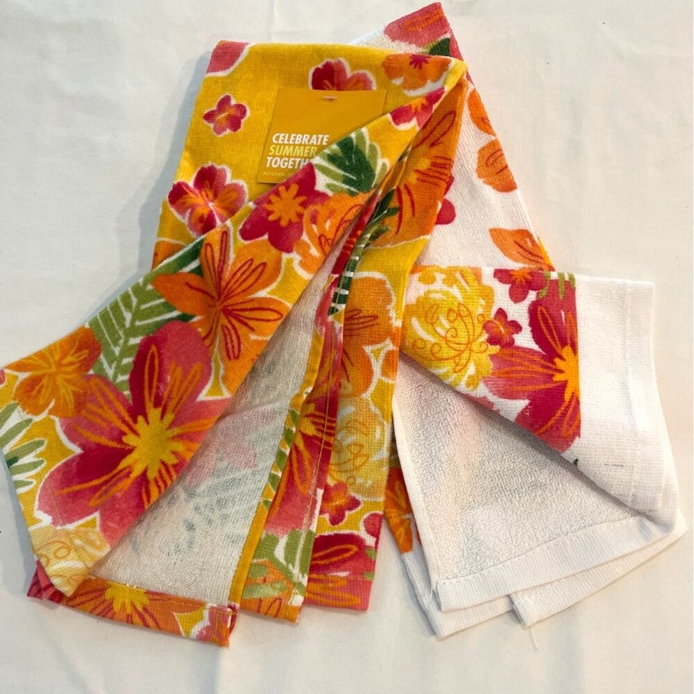 Terry Hand Tea Towels Set Kitchen Floral Hibiscus Orange Red Yellow Flower NWT - Picture 5 of 7